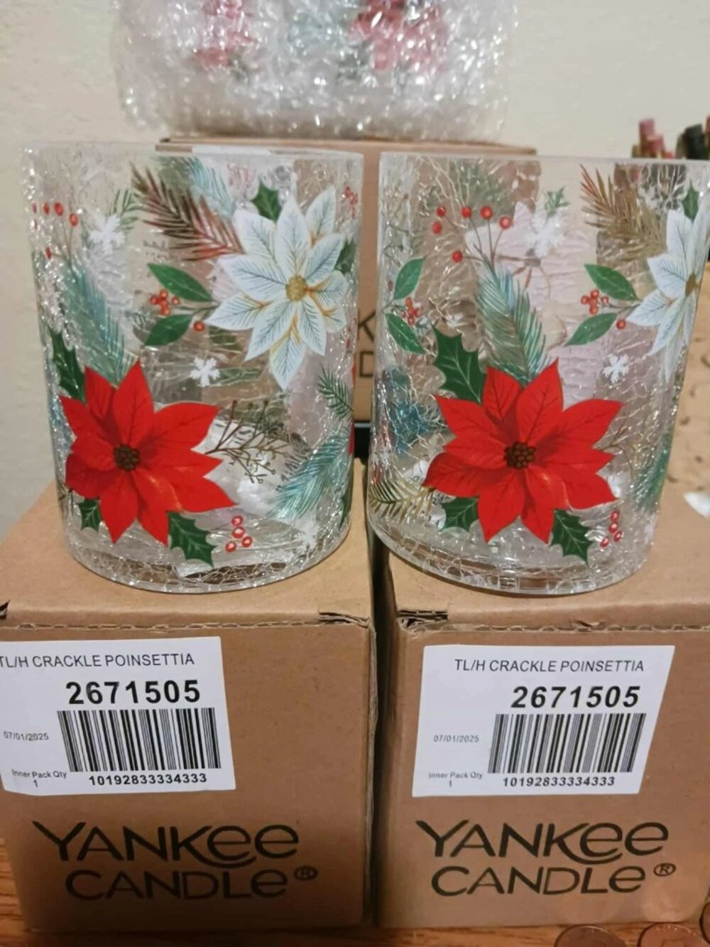 Yankee Candle Clear Crackle Glass POINSETTIA Votive Tea Light Holders 2-PC